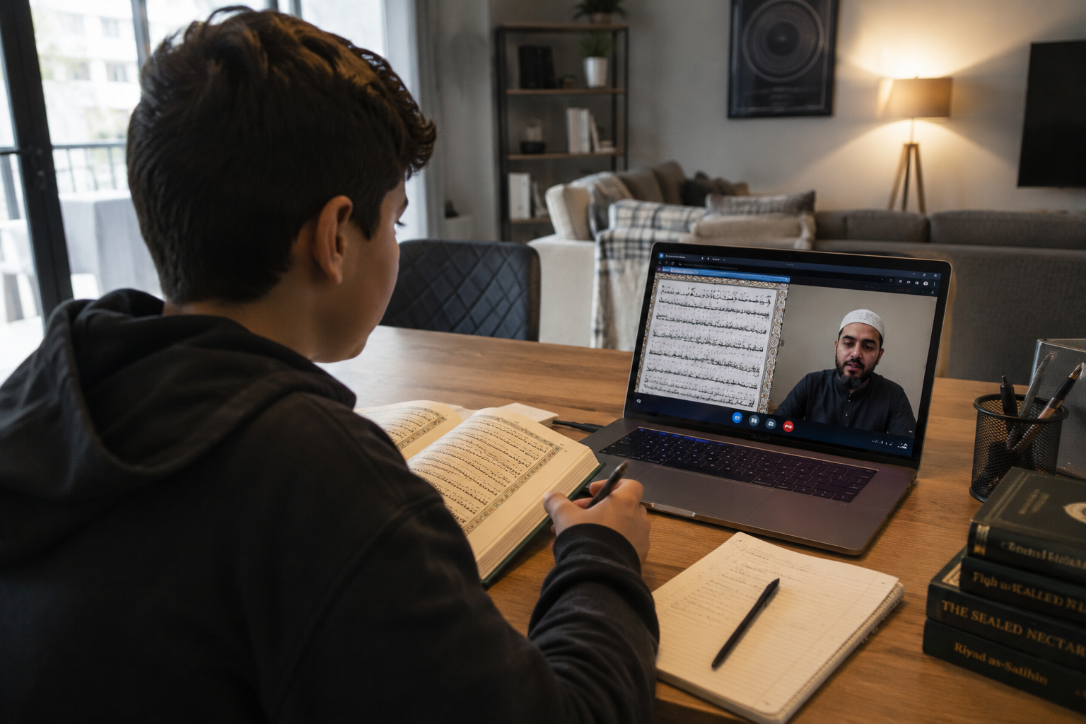 Student learning Quran online with a teacher over video call